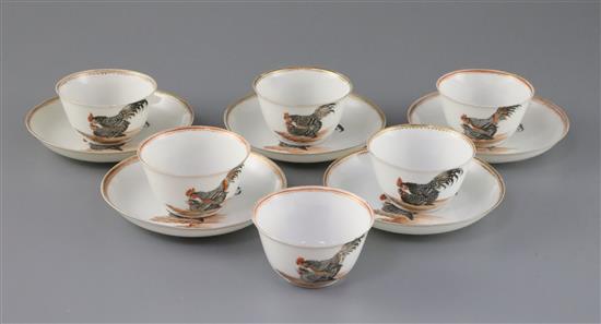 A set of six Chinese rouge de fer chicken tea bowls and five saucers, 18th / 19th century, saucers 11.5cm, minor damage